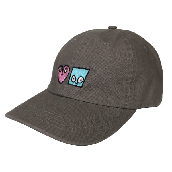 A BLUETILE X SPINA HEART & SQUARE HAT GREY with a blue and pink heart embroidered on it. (Brand Name: Bluetile Skateboards)