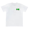 A Bluetile Skateboards white t - shirt with a green shamrock on the chest.