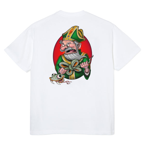 A Bluetile Skateboards BLUETILE NO SNAKES TEE WHITE with an image of a cartoon character.