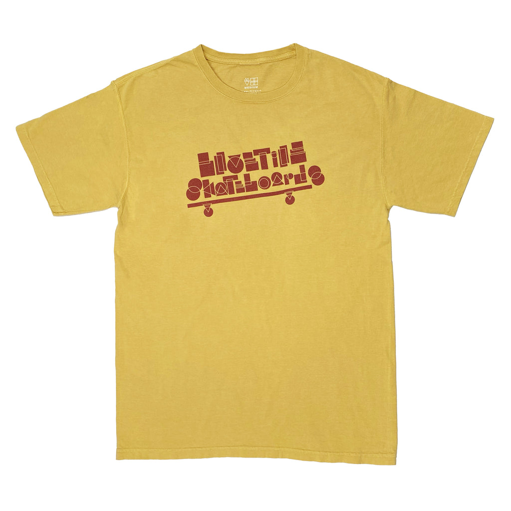 A Bluetile Skateboards Bluetile Basic Shapes Tee Artisan Gold with a red skateboard on it.