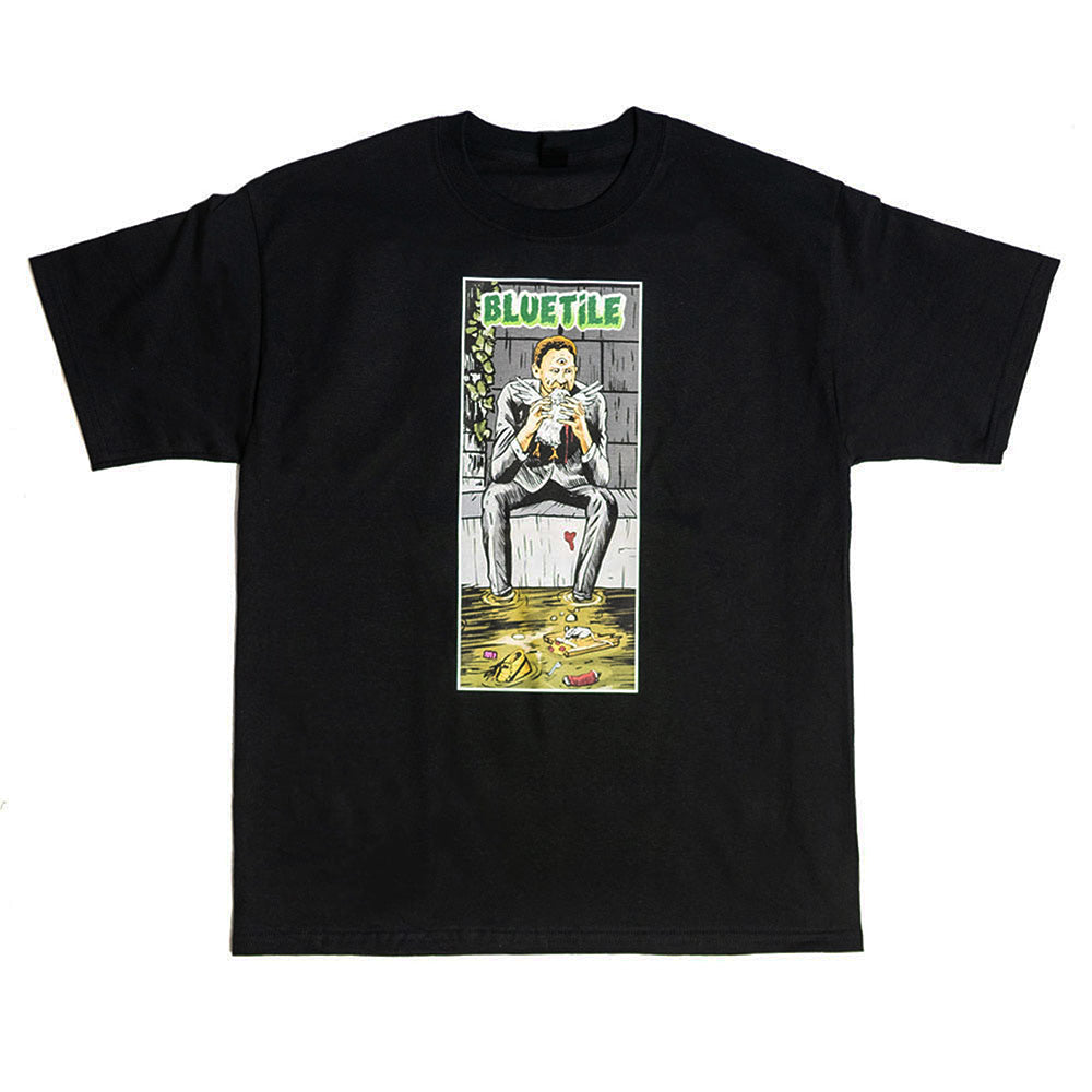 A black BLUETILE THREE EYE MAN TEE BLACK with a picture of a man on it by Bluetile Skateboards.