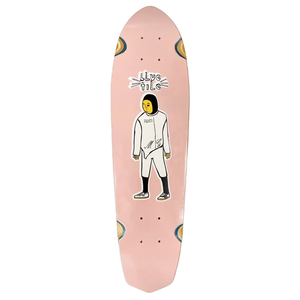 A BLUETILE FAVORITE SKATER CRUISER PINK skateboard with a cartoon character screen printed artwork by Jay Croft on the deck (by Bluetile Skateboards).