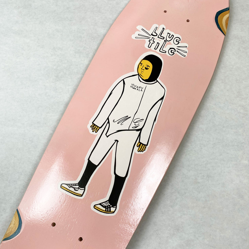 A BLUETILE FAVORITE SKATER CRUISER PINK skateboard with screen printed artwork by Jay Croft of a man in a suit.