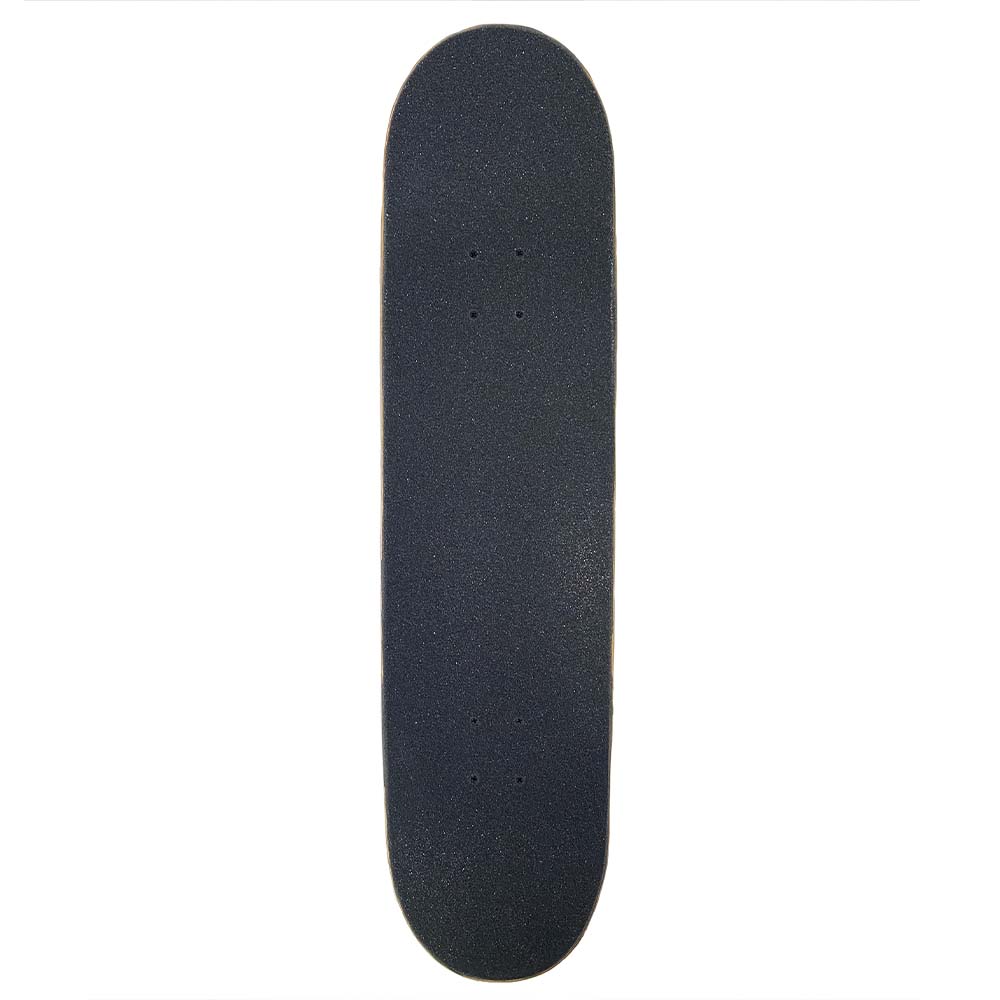 A black skateboard with Bluetile X L.B. ANNIVERSARY PARTY COMPLETE on a white background by Bluetile Skateboards.