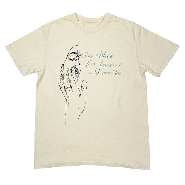 A BLUETILE BLUE TOMORROW SHIRT PARCHMENT by Bluetile Skateboards with a drawing of a woman holding a hand in blue.