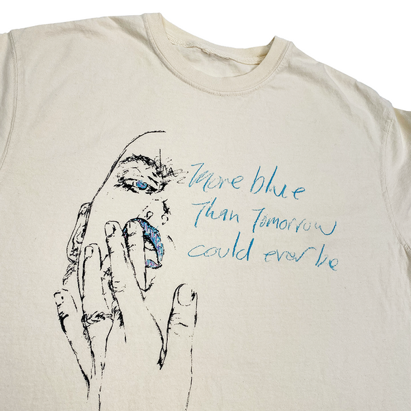A BLUETILE BLUE TOMORROW SHIRT PARCHMENT with a drawing of a man holding his hand, featuring bluetile artwork.