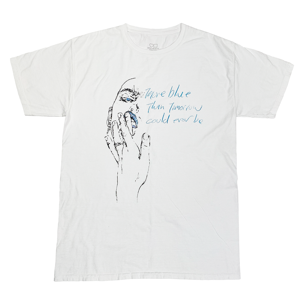 A Bluetile Skateboards BLUETILE BLUE TOMORROW SHIRT WHITE with a drawing of a woman's hand.