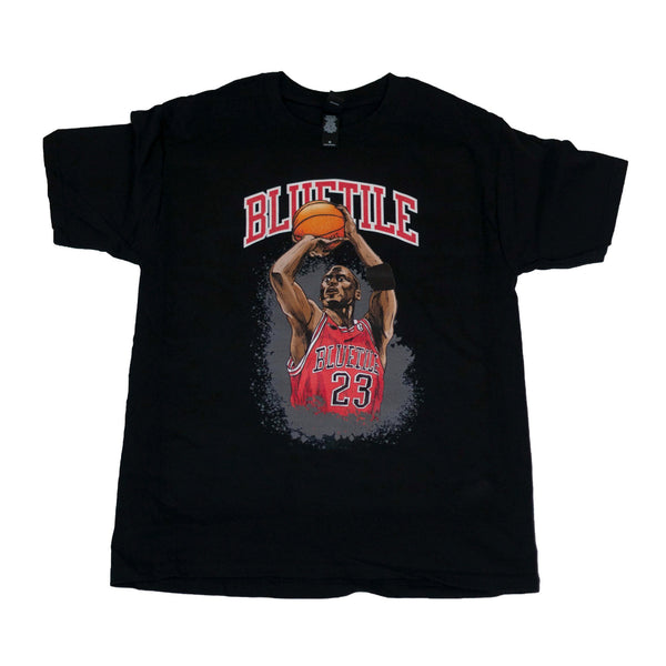A BLUETILE JUMP SHOT T-SHIRT BLACK featuring a basketball player executing a jump shot.