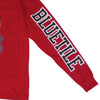 A BLUETILE JUMP SHOT LONG SLEEVE RED t-shirt with the word blue JUMP SHOT written on it.