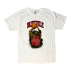 A BLUETILE JUMP SHOT T-SHIRT WHITE featuring a Bulls player performing a jump shot from Bluetile Skateboards.