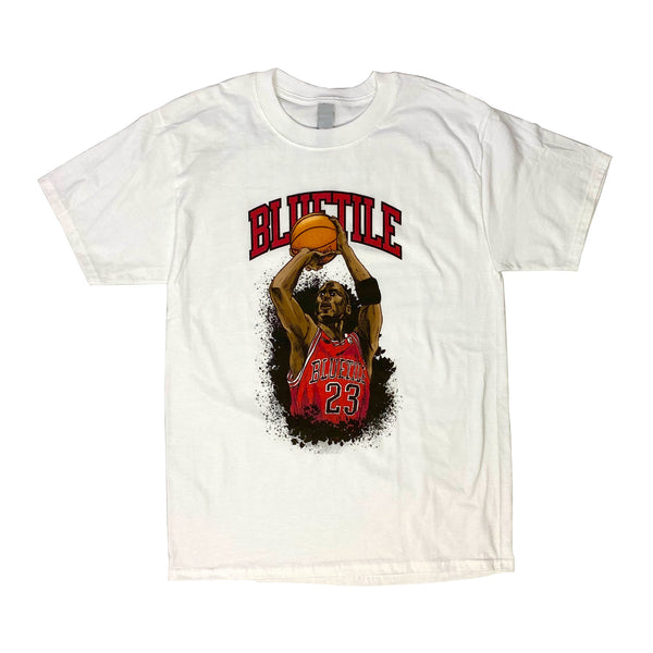 A BLUETILE JUMP SHOT T-SHIRT WHITE featuring a Bulls player performing a jump shot from Bluetile Skateboards.