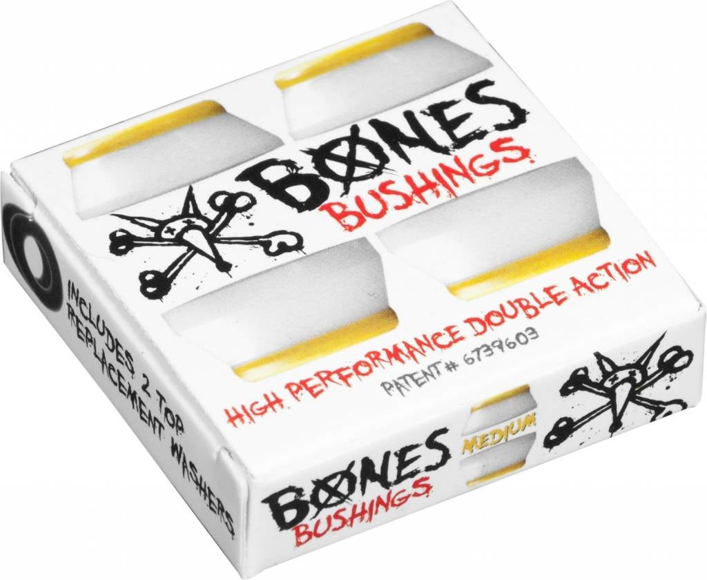 Box of BONES HARDCORE BUSHINGS MEDIUM WHITE/YELLOW on a white background.