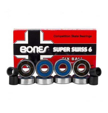 The image displays a pack of BONES SUPER SWISS 6 skateboard bearings. The pack includes six bearings with blue and black seals and two black spacers, all encased in sleek red and black packaging.