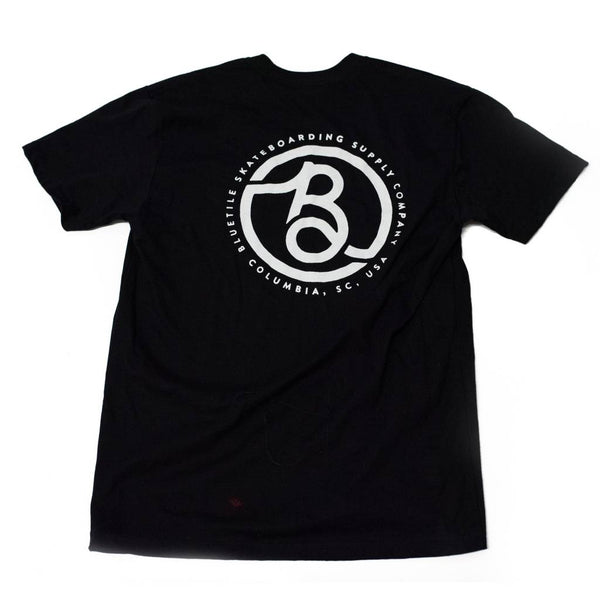 A Bluetile Skateboards BLUETILE SUPPLY CO T-SHIRT BLACK / WHITE with a white logo on it.