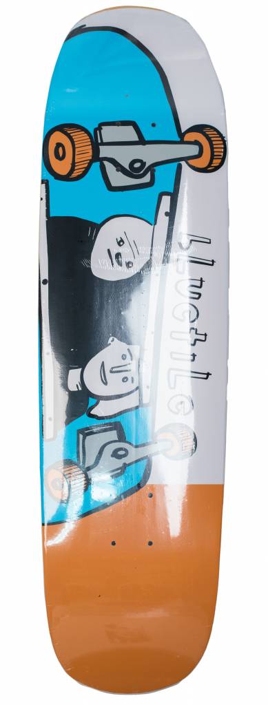 A BLUETILE X STREET CANOE SKATE BORED KNUCKLEHEAD 9.2 skateboard with a cartoon character on it. (Brand Name: Bluetile Skateboards)