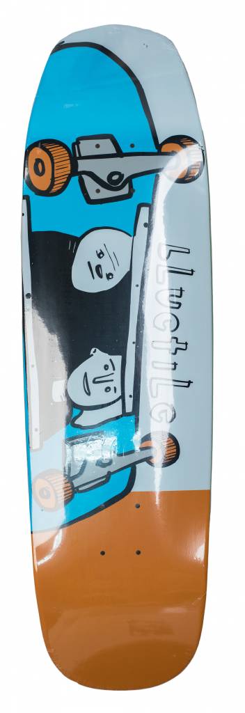 A Bluetile Skateboards BLUETILE X STREET CANOE SKATE BORED SHOVELNOSE 9.0 skateboard with a cartoon character on it.