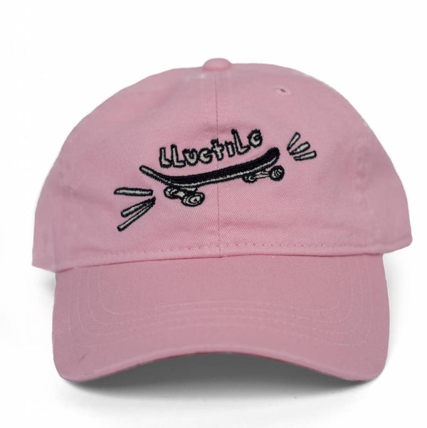 A BLUETILE "SKATE BORED" DAD HAT PINK embroidered with Bluetile Skateboards logo.