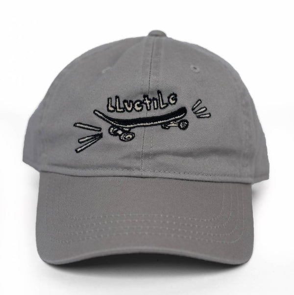 A BLUETILE "SKATE BORED" DAD HAT GRAY with a skateboard on it from Bluetile Skateboards.