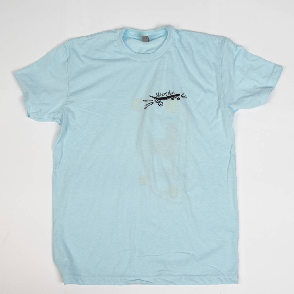 A BLUETILE x STREET CANOE SKATE BORED SHIRT ICE BLUE with a black design on it from Bluetile Skateboards.