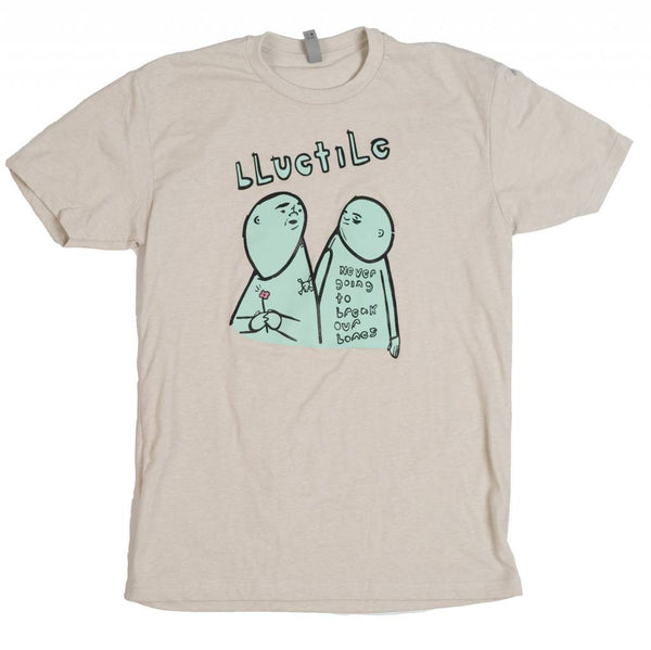 A BLUETILE NEVER BREAK BONES T-SHIRT SAND / MINT by Bluetile Skateboards featuring two people holding hands.