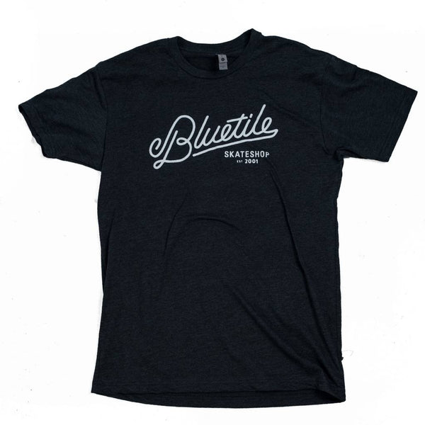 A BLUETILE SCRIPT T-SHIRT BLACK / WHITE with a cool white logo on it from Bluetile Skateboards.