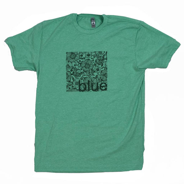 A BLUETILE LONGBOARD FLOWER - GREEN t-shirt with the word "blue" and a dope AF graphic on it. (Brand Name: Bluetile Skateboards)