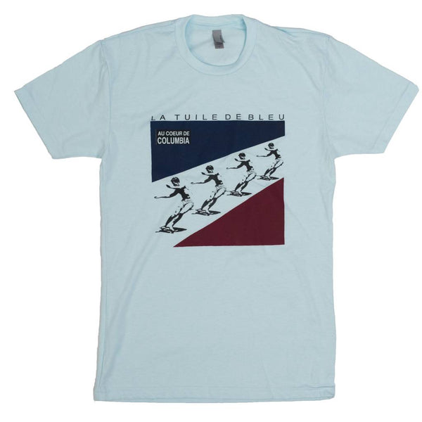 A new BLUETILE KRAFTWERK T-SHIRT ICE BLUE / NAVY / GARNETT with skeletons on it, from the brand Bluetile Skateboards.