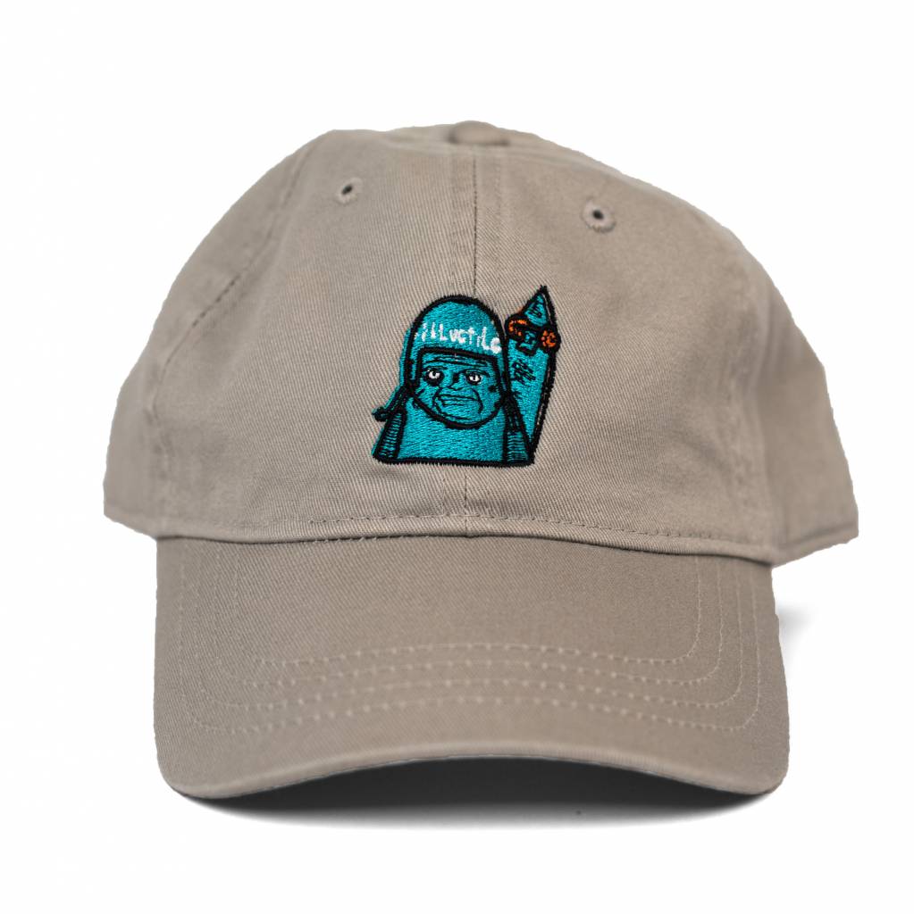 A Bluetile Skateboards "SKATE GRUMP" DAD HAT GRAY with an image of a blue sloth on it.