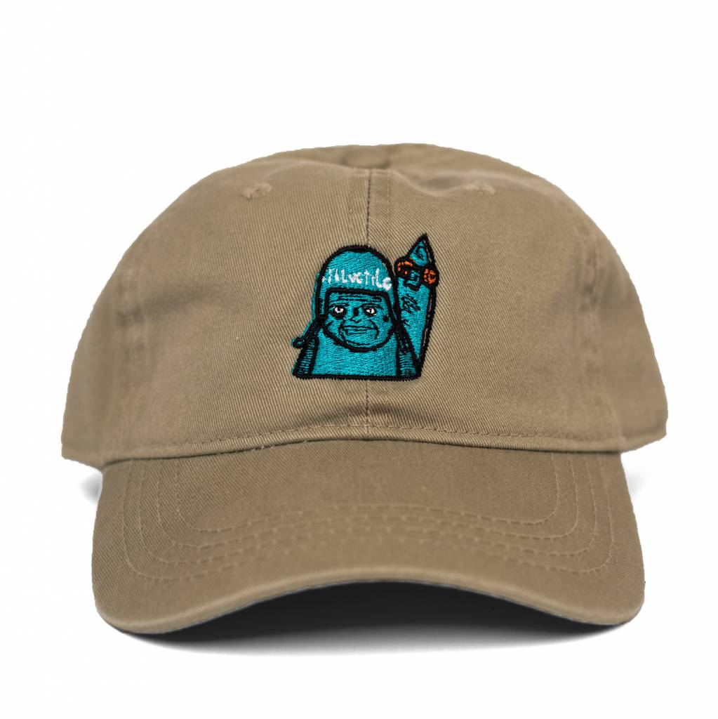 An BLUETILE "SKATE GRUMP" DAD HAT KHAKI with an image of a blue gorilla on it from Bluetile Skateboards.