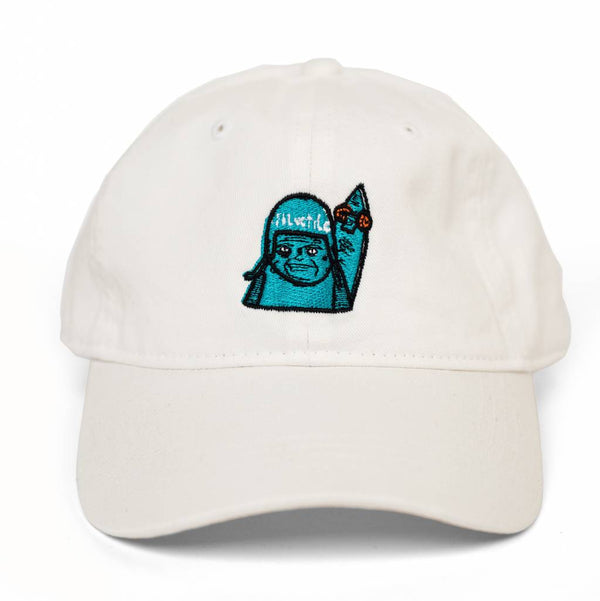 A blue embroidered owl on a Bluetile Skateboards "SKATE GRUMP" dad hat white, perfect for binge-watching Riverdale.