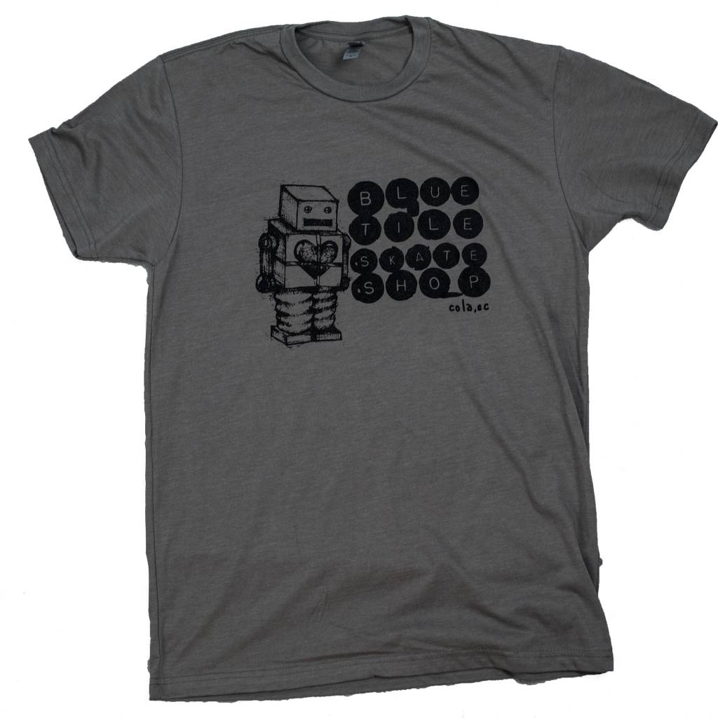 A brand new limited run O.G. Bluetile Skateboards robot shirt in grey and black.