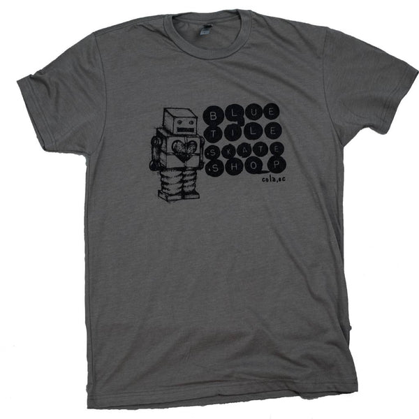 A brand new limited run O.G. Bluetile Skateboards robot shirt in grey and black.