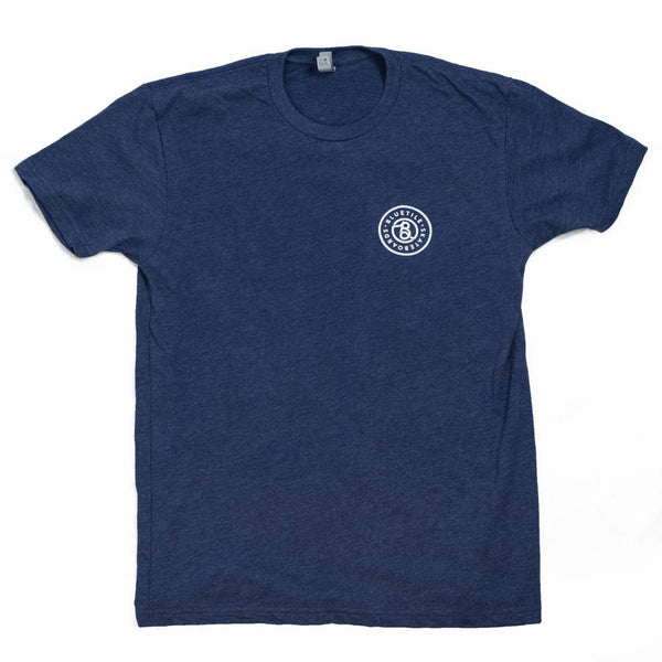 A navy BLUETILE SUPPLY CO - BLUE / WHITE t-shirt with a high-quality Bluetile Skateboards logo on it.