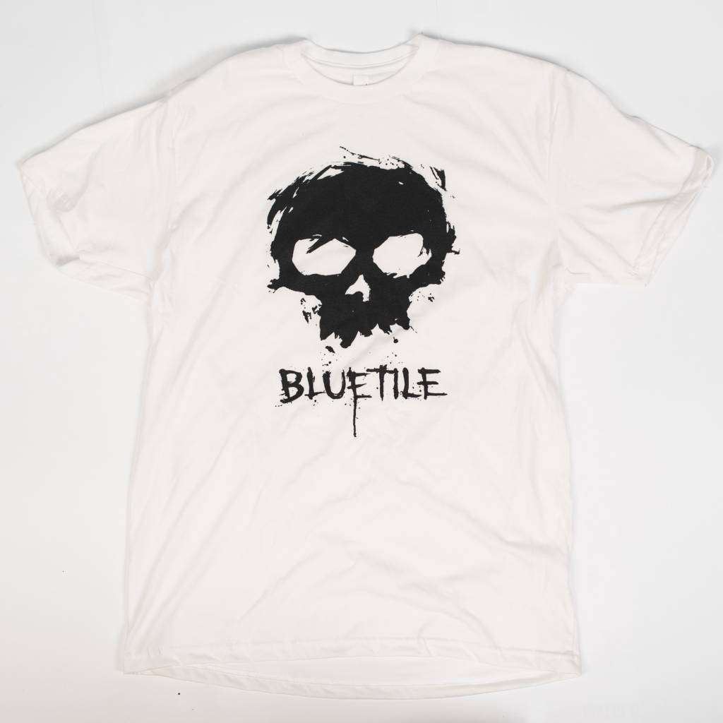 A limited edition ZERO X BLUETILE SKULL T-SHIRT WHITE with a skull on it by Bluetile Skateboards.