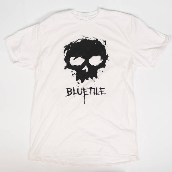 A limited edition ZERO X BLUETILE SKULL T-SHIRT WHITE with a skull on it by Bluetile Skateboards.
