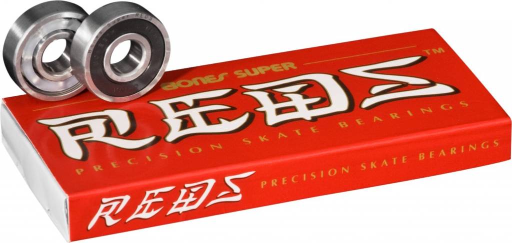A pair of BONES SUPER REDS BEARINGS with the brand name BONES on them.