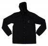 A Bluetile Skateboards black hooded jacket with a logo on it, featuring reflective ink for added safety.