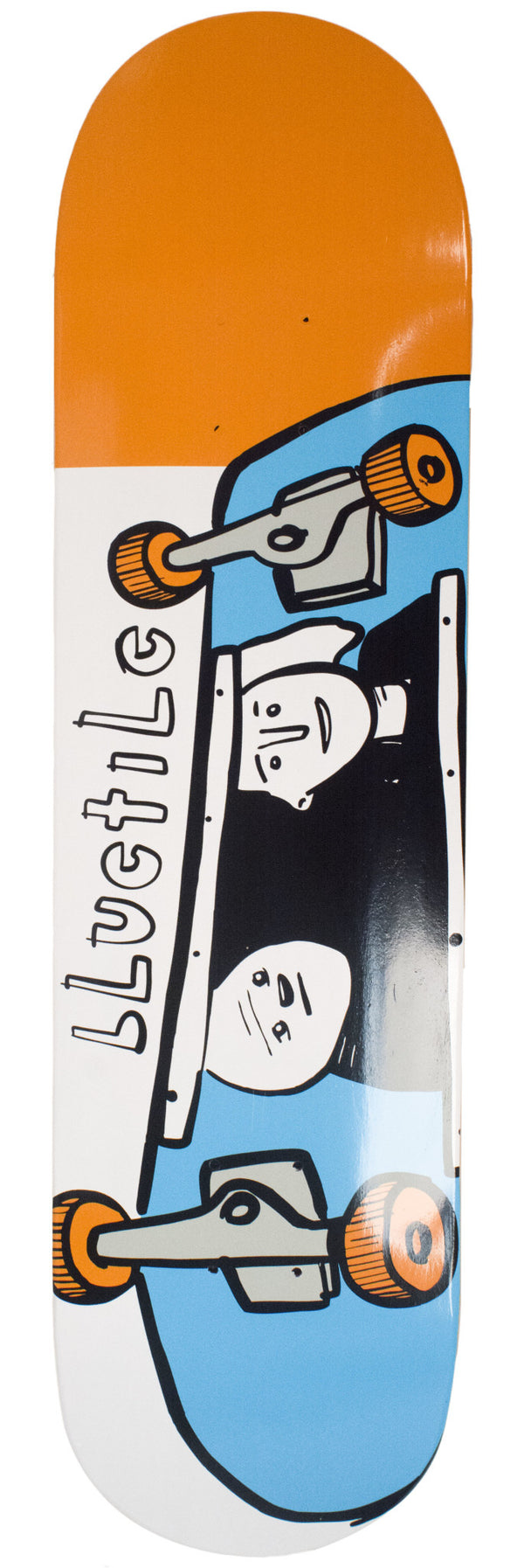 A BLUETILE X STREET CANOE SKATE BORED skateboard with a free griptape to apply for extra traction, featuring an image of a man riding a skateboard. (Brand: Bluetile Skateboards)