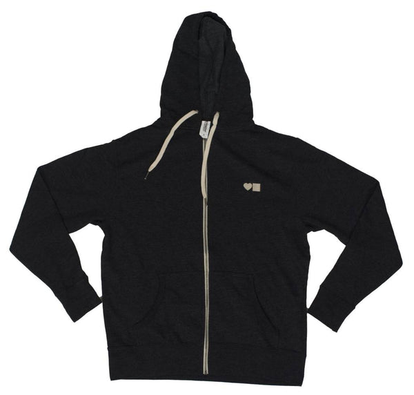 A Bluetile Skateboards BLUETILE LOVE BLUETILE PREMIUM ZIP HOODIE DARK GRAY with a white logo on it.
