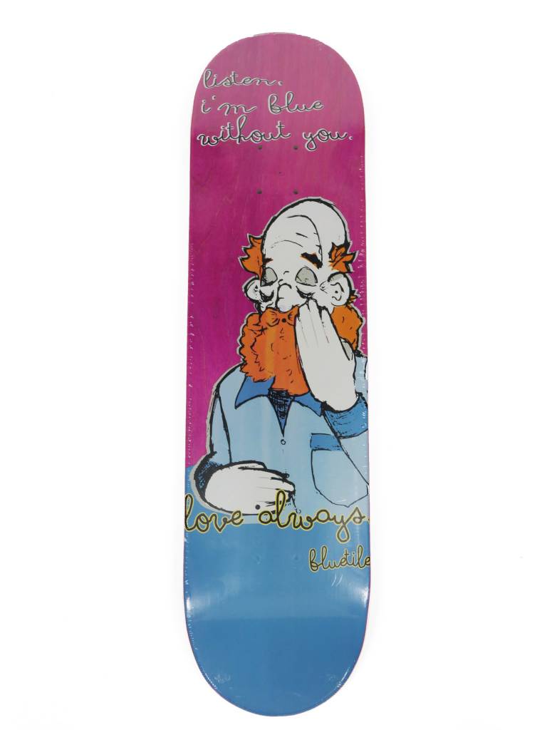 A BLUETILE LOVE ALWAYS skateboard with eye-catching board graphics featuring a cool cartoon character.