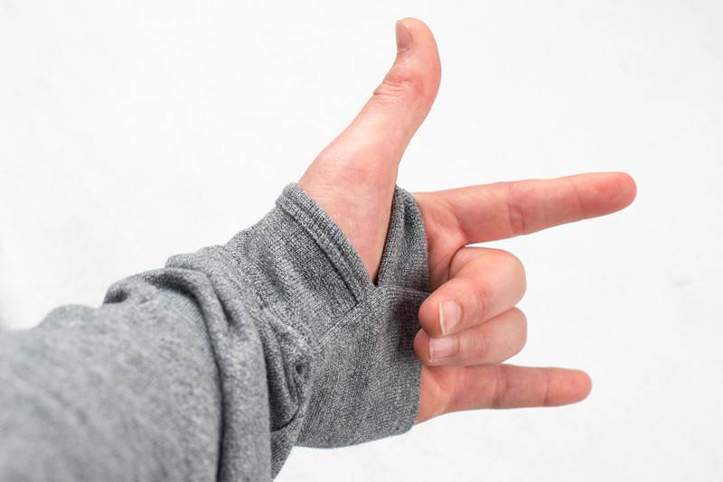 A person's hand showing the thumbs up sign while wearing the BLUETILE LOVE BLUETILE PREMIUM HOODIE GRAY by Bluetile Skateboards.