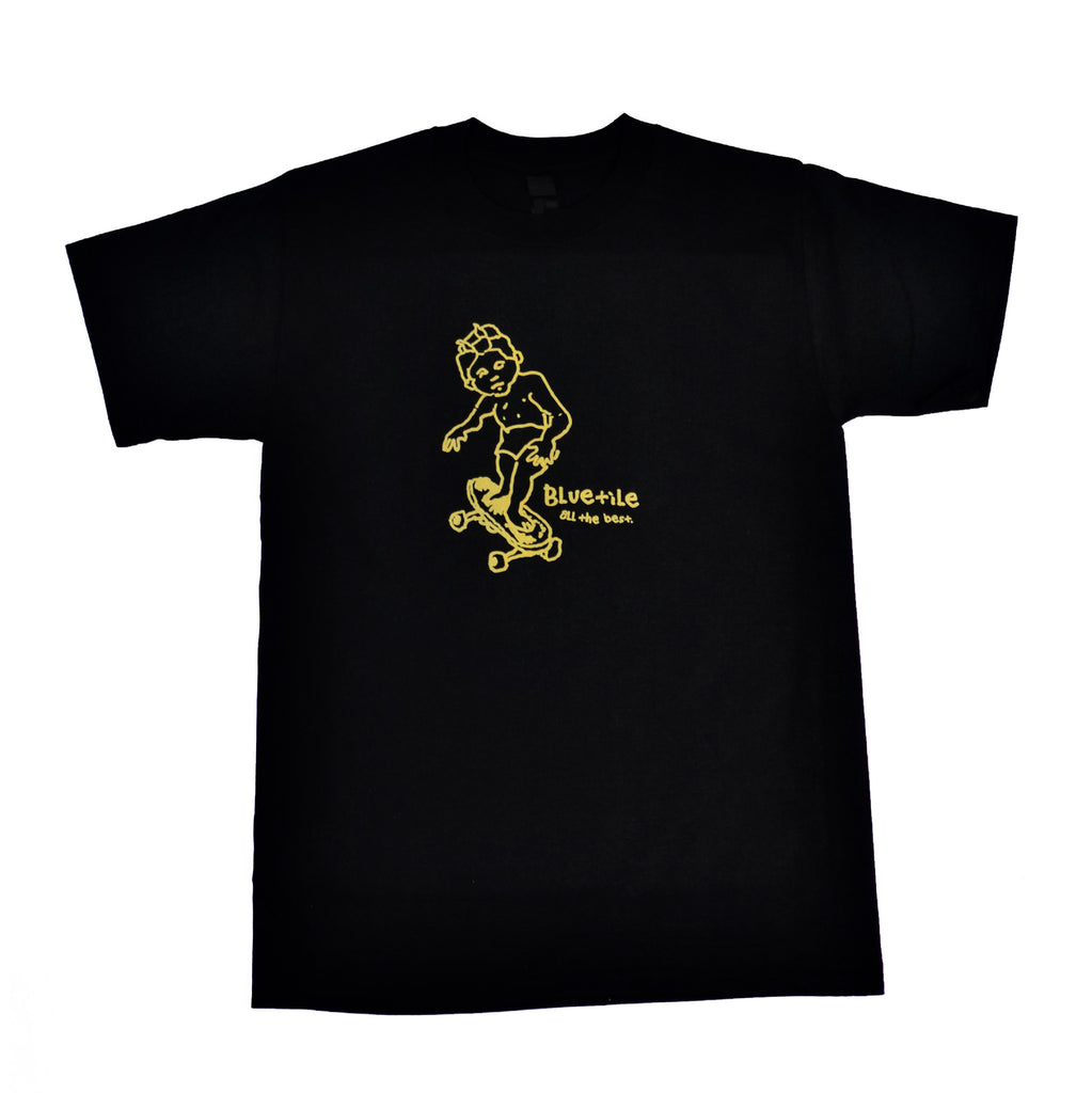 A BLUETILE x GONZ SKETCHY T-SHIRT BLACK, from the brand Bluetile Skateboards, featuring a skateboarder, perfect for skateboarding enthusiasts and supporters of the Sketchy Skate Shop Appreciation Program.