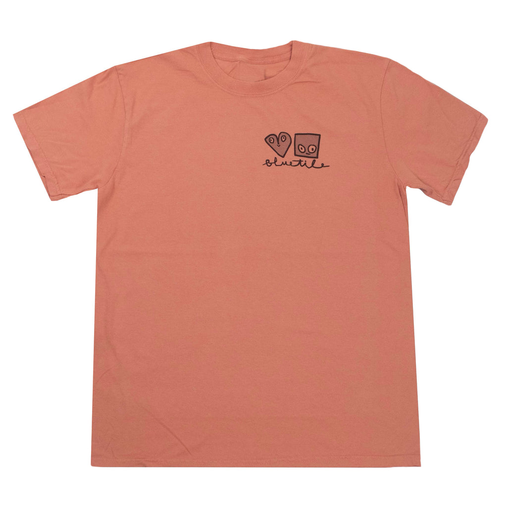 A BLUETILE X SPINA HIPPIE JUMP TEE TERRACOTTA t-shirt with a heart on it, made by Bluetile Skateboards.