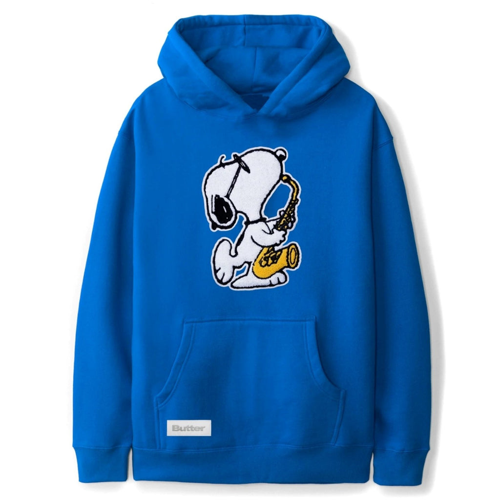 A Butter Goods Jazz Chenille Applique Hoodie in Royal Blue with a cartoon character on it.