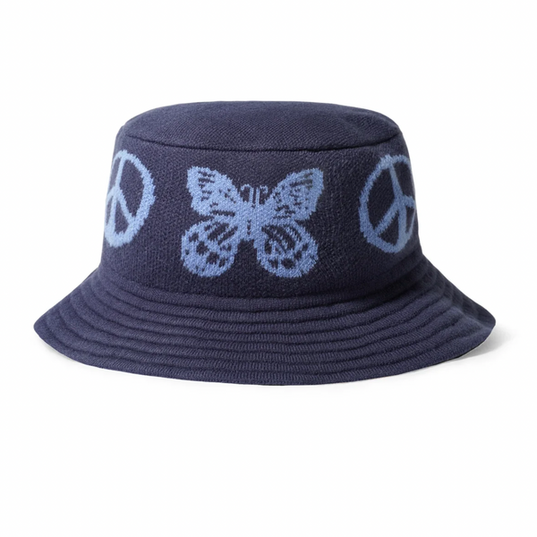 A Knit Bucket Hat Navy with a butterfly and peace signs on it.