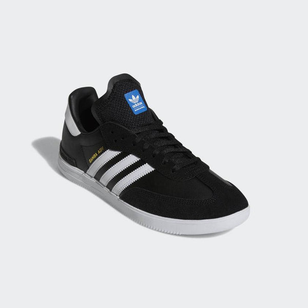 A black and white ADIDAS SKATEBOARDING SAMBA ADV shoe with white stripes and a leather upper.