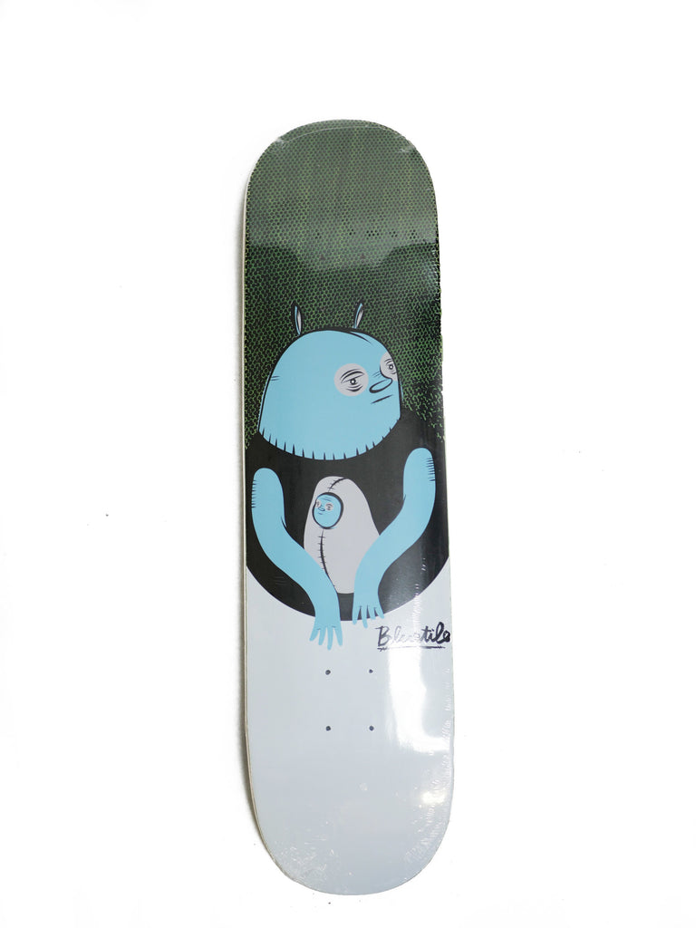 A skateboard with a BLUETILE BABY BLUE alien image on it. Available in VARIOUS SIZES.