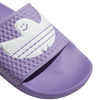 An Adidas Shmoofoil Slide Lilac/White with a white ghost on it.