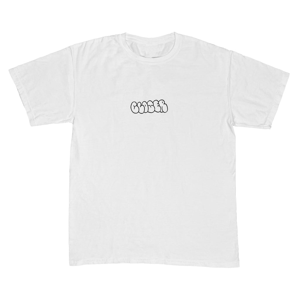 A CLOSER X MIKE GIGLIOTTI BUBBLE TEE WHITE with the word coffee printed on it.