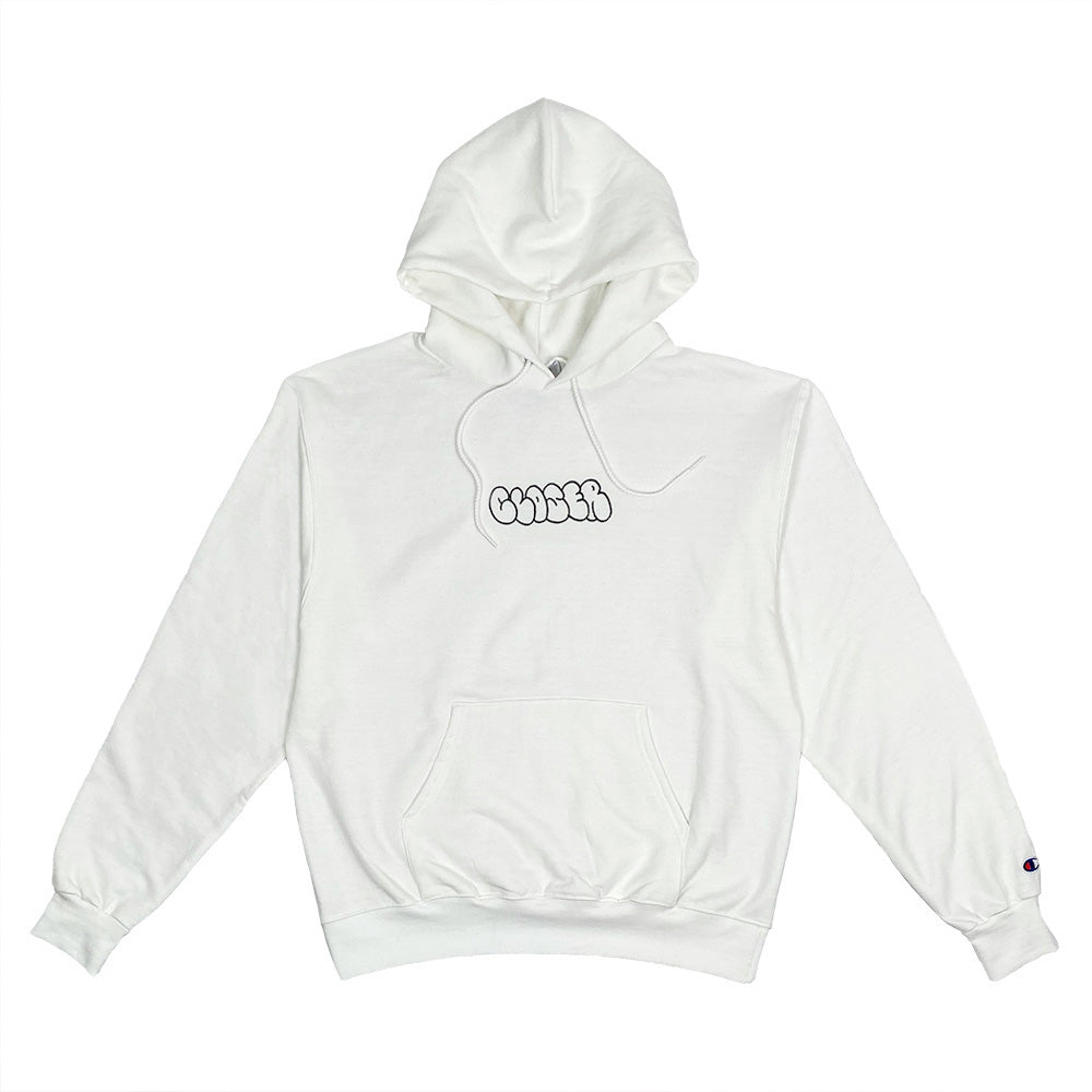 A white Closer hoodie with the bubble word closer on it.